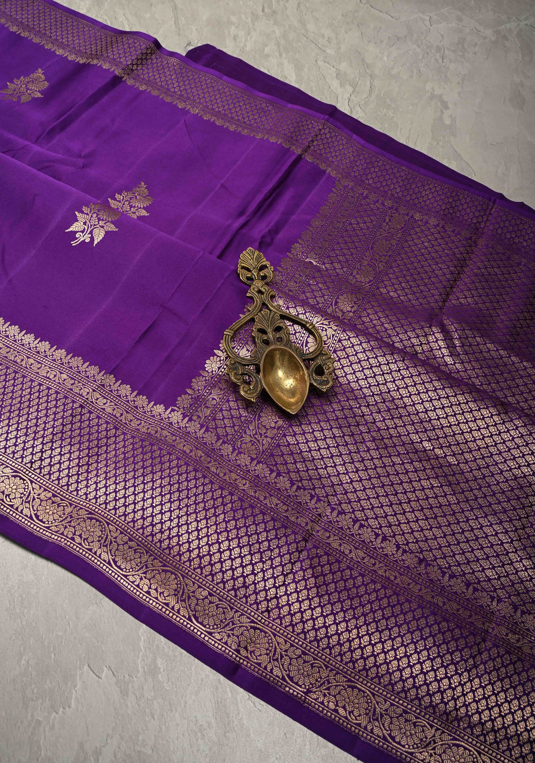 Dark Purple Banarasi Mashru Silk Saree with Floral Buttas and Zari Border | SILK MARK CERTIFIED