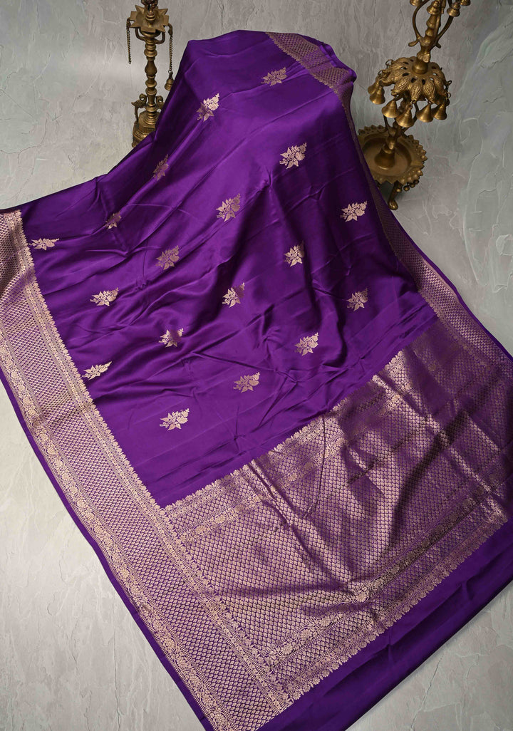 Dark Purple Banarasi Mashru Silk Saree with Floral Buttas and Zari Border | SILK MARK CERTIFIED