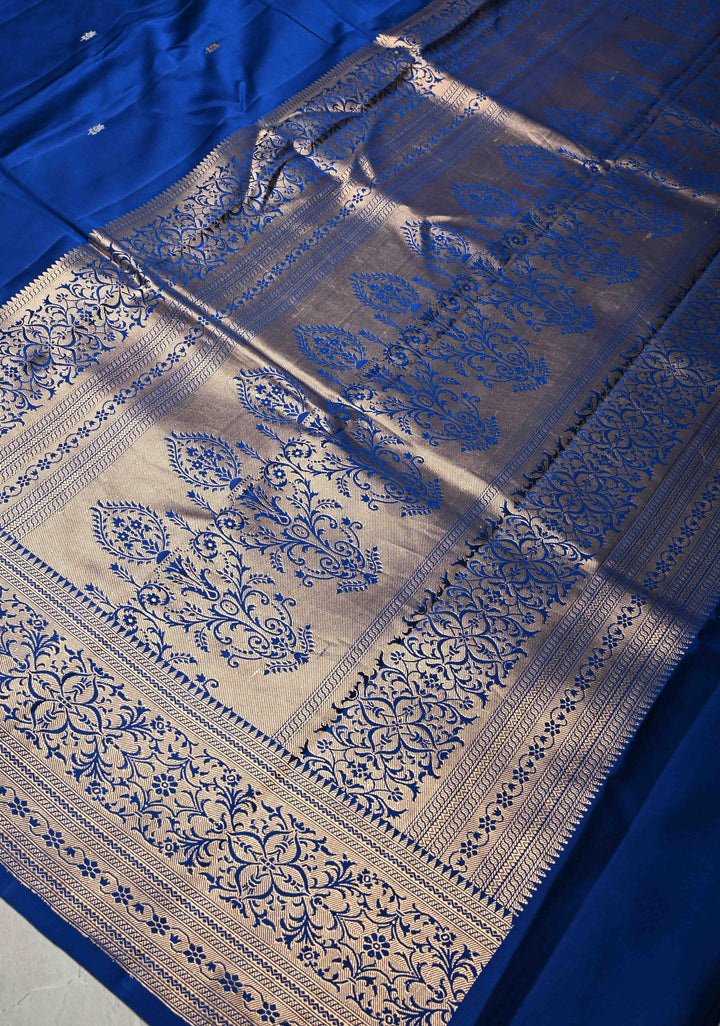 Royal Blue Banarasi Mashru Silk Saree with Sona Rupa Floral Buttas and Zari Border | SILK MARK CERTIFIED