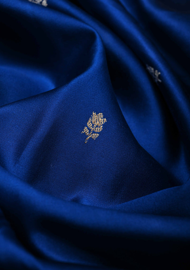 Royal Blue Banarasi Mashru Silk Saree with Sona Rupa Floral Buttas and Zari Border | SILK MARK CERTIFIED