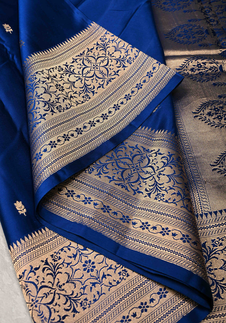 Royal Blue Banarasi Mashru Silk Saree with Sona Rupa Floral Buttas and Zari Border | SILK MARK CERTIFIED