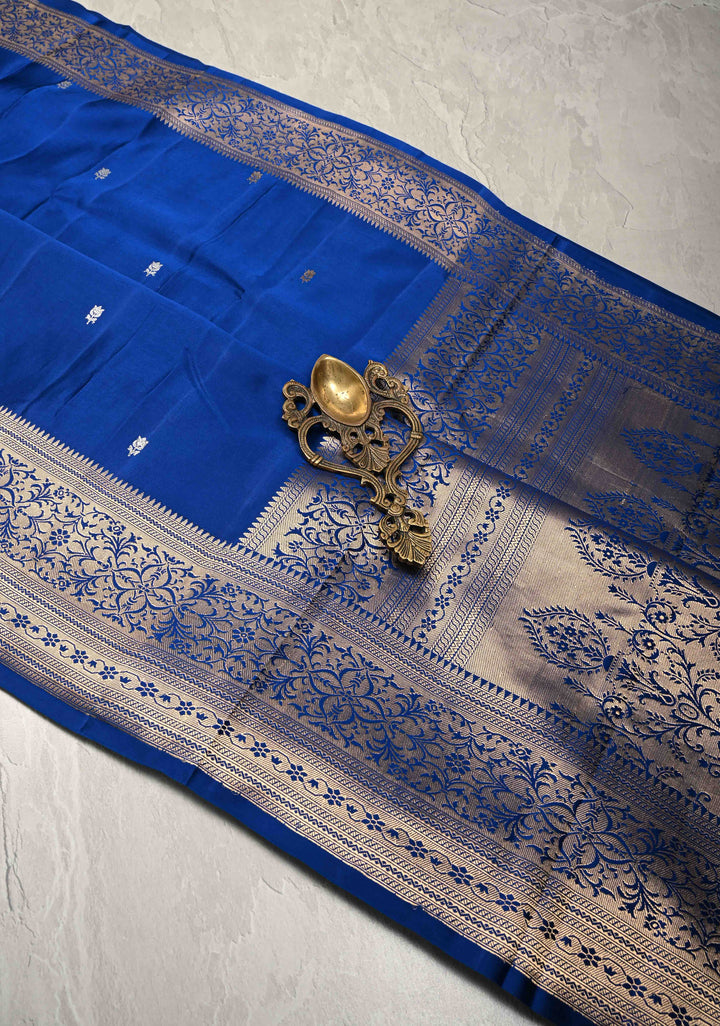 Royal Blue Banarasi Mashru Silk Saree with Sona Rupa Floral Buttas and Zari Border | SILK MARK CERTIFIED