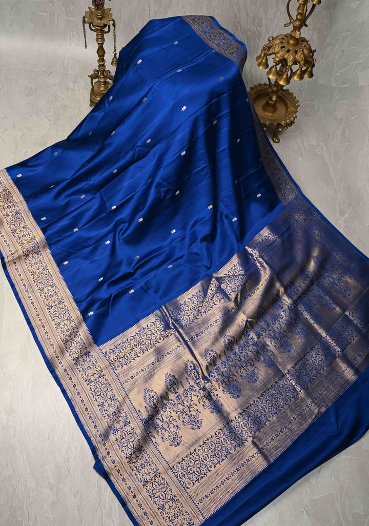 Royal Blue Banarasi Mashru Silk Saree with Sona Rupa Floral Buttas and Zari Border | SILK MARK CERTIFIED