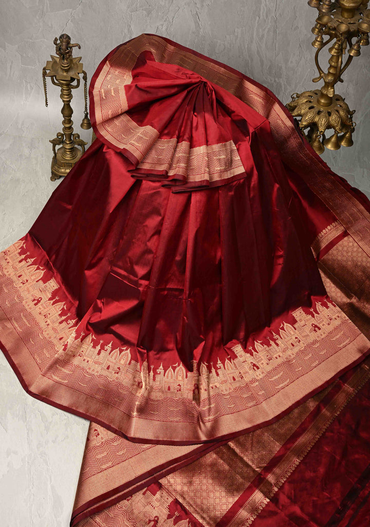 Maroon Banarasi Katan Silk Saree with Ganga Ghat Temple Zari Border | SILK MARK CERTIFIED