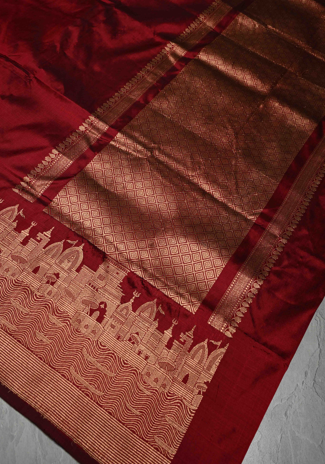 Maroon Banarasi Katan Silk Saree with Ganga Ghat Temple Zari Border | SILK MARK CERTIFIED