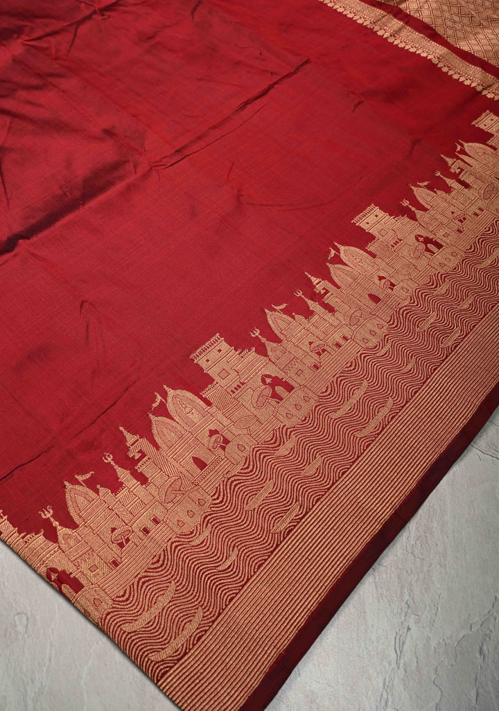 Maroon Banarasi Katan Silk Saree with Ganga Ghat Temple Zari Border | SILK MARK CERTIFIED