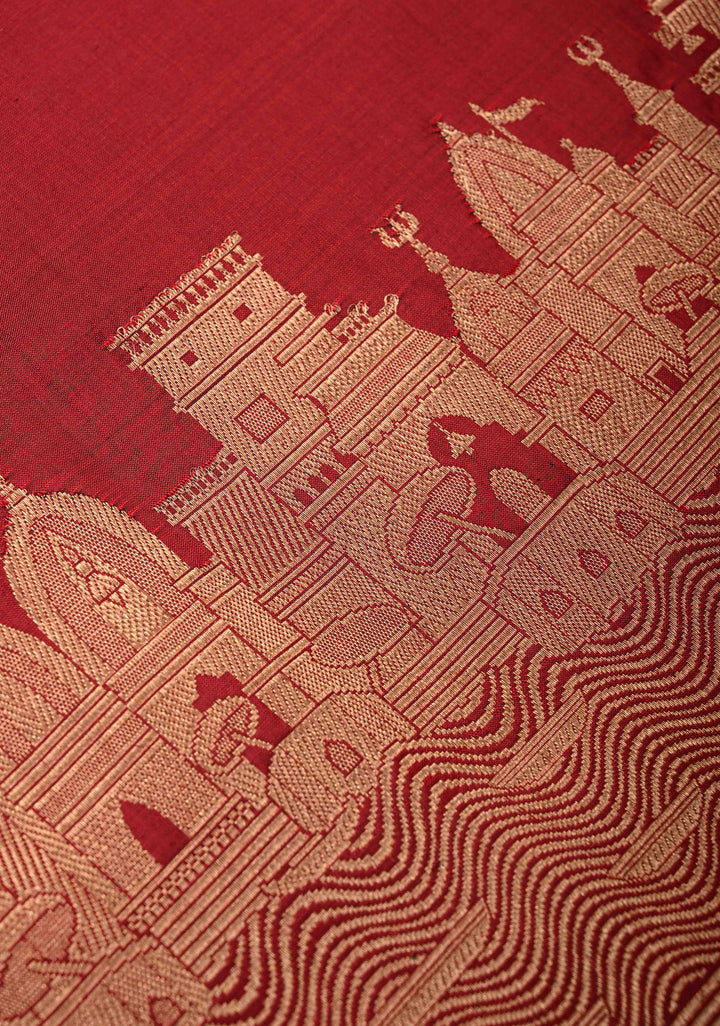 Maroon Banarasi Katan Silk Saree with Ganga Ghat Temple Zari Border | SILK MARK CERTIFIED