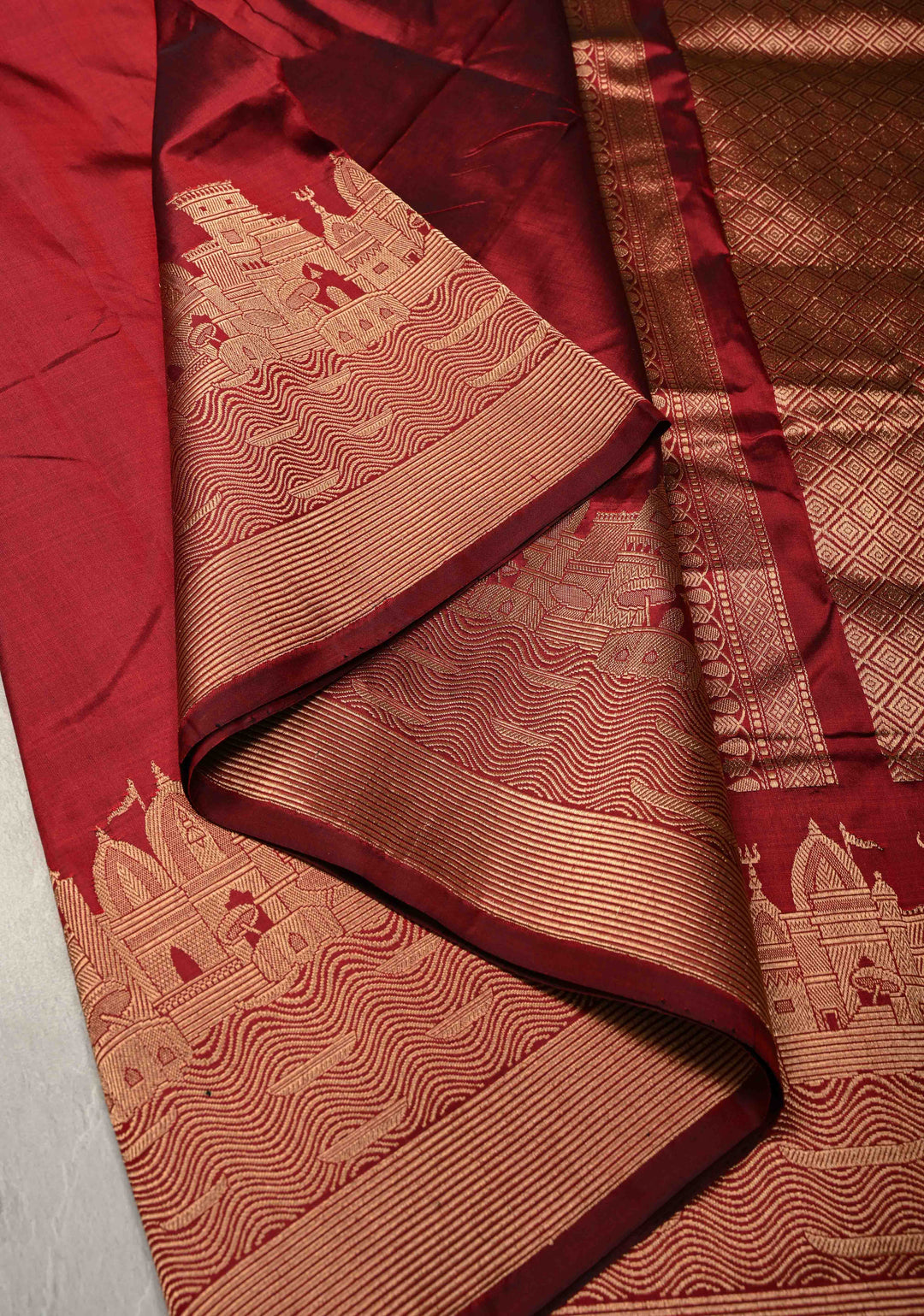 Maroon Banarasi Katan Silk Saree with Ganga Ghat Temple Zari Border | SILK MARK CERTIFIED