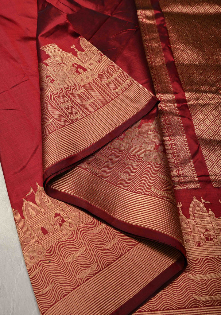 Maroon Banarasi Katan Silk Saree with Ganga Ghat Temple Zari Border | SILK MARK CERTIFIED
