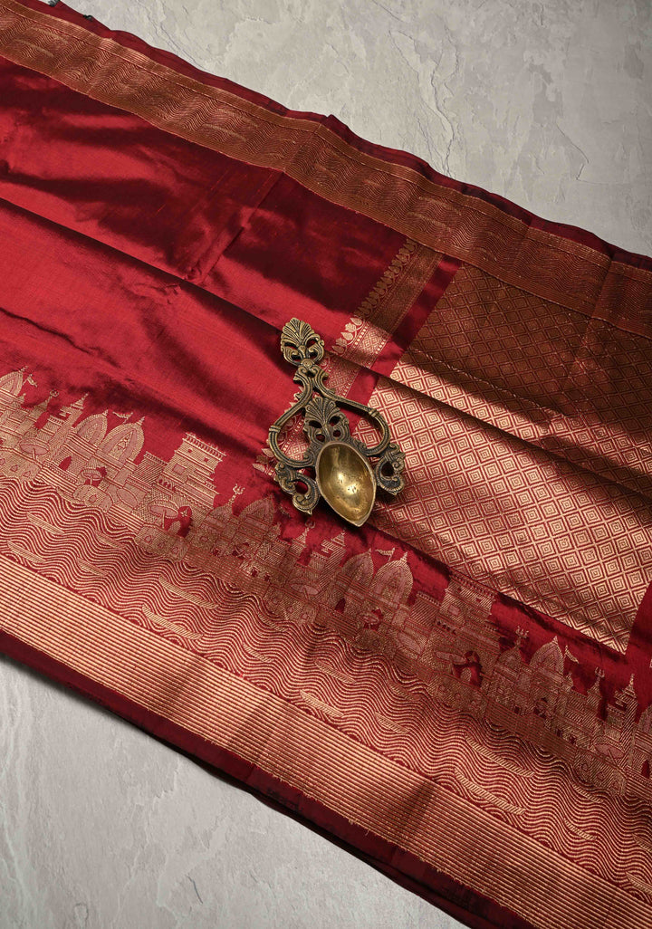 Maroon Banarasi Katan Silk Saree with Ganga Ghat Temple Zari Border | SILK MARK CERTIFIED