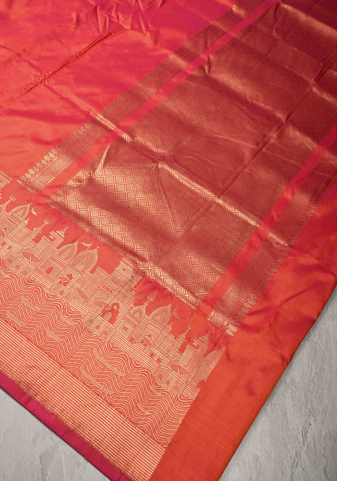 Orange Pink  Dual Tone Banarasi Katan Silk Saree with Ganga Ghat Temple Zari Border | SILK MARK CERTIFIED
