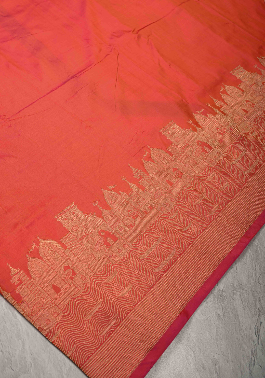 Orange Pink  Dual Tone Banarasi Katan Silk Saree with Ganga Ghat Temple Zari Border | SILK MARK CERTIFIED