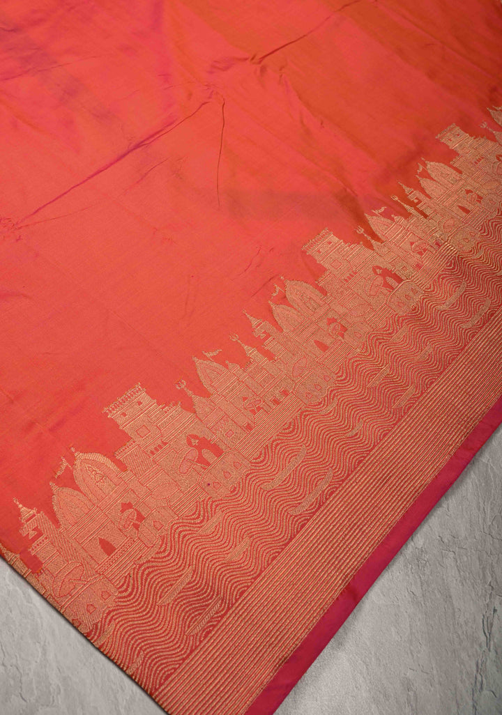 Orange Pink  Dual Tone Banarasi Katan Silk Saree with Ganga Ghat Temple Zari Border | SILK MARK CERTIFIED