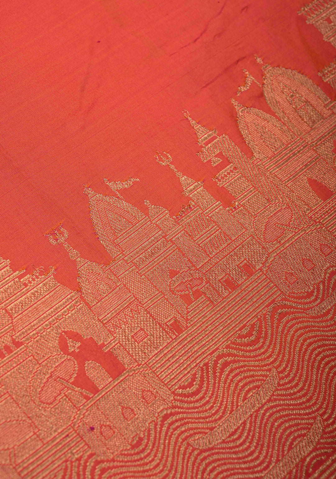 Orange Pink  Dual Tone Banarasi Katan Silk Saree with Ganga Ghat Temple Zari Border | SILK MARK CERTIFIED