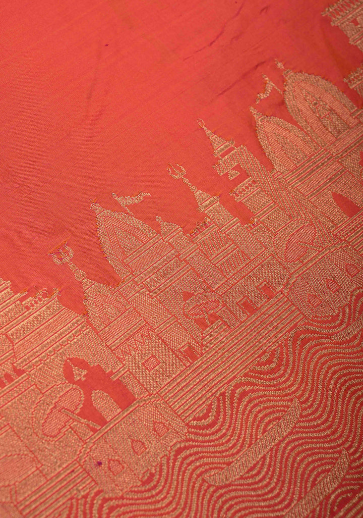 Orange Pink  Dual Tone Banarasi Katan Silk Saree with Ganga Ghat Temple Zari Border | SILK MARK CERTIFIED