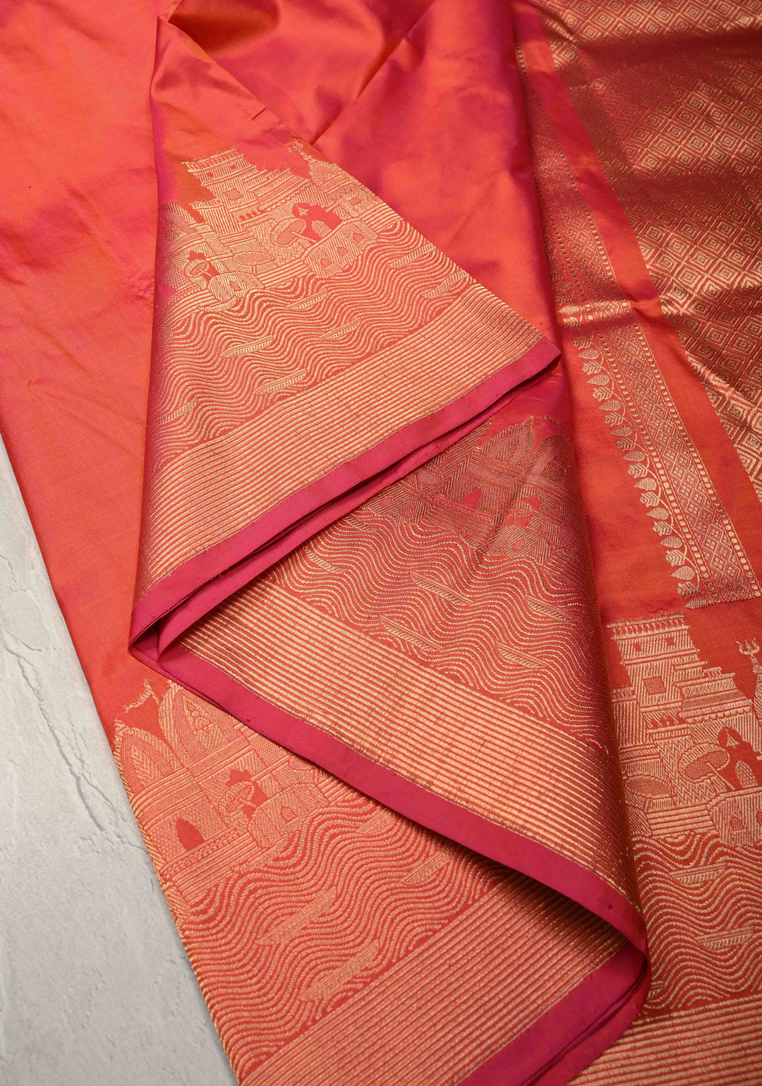 Orange Pink  Dual Tone Banarasi Katan Silk Saree with Ganga Ghat Temple Zari Border | SILK MARK CERTIFIED