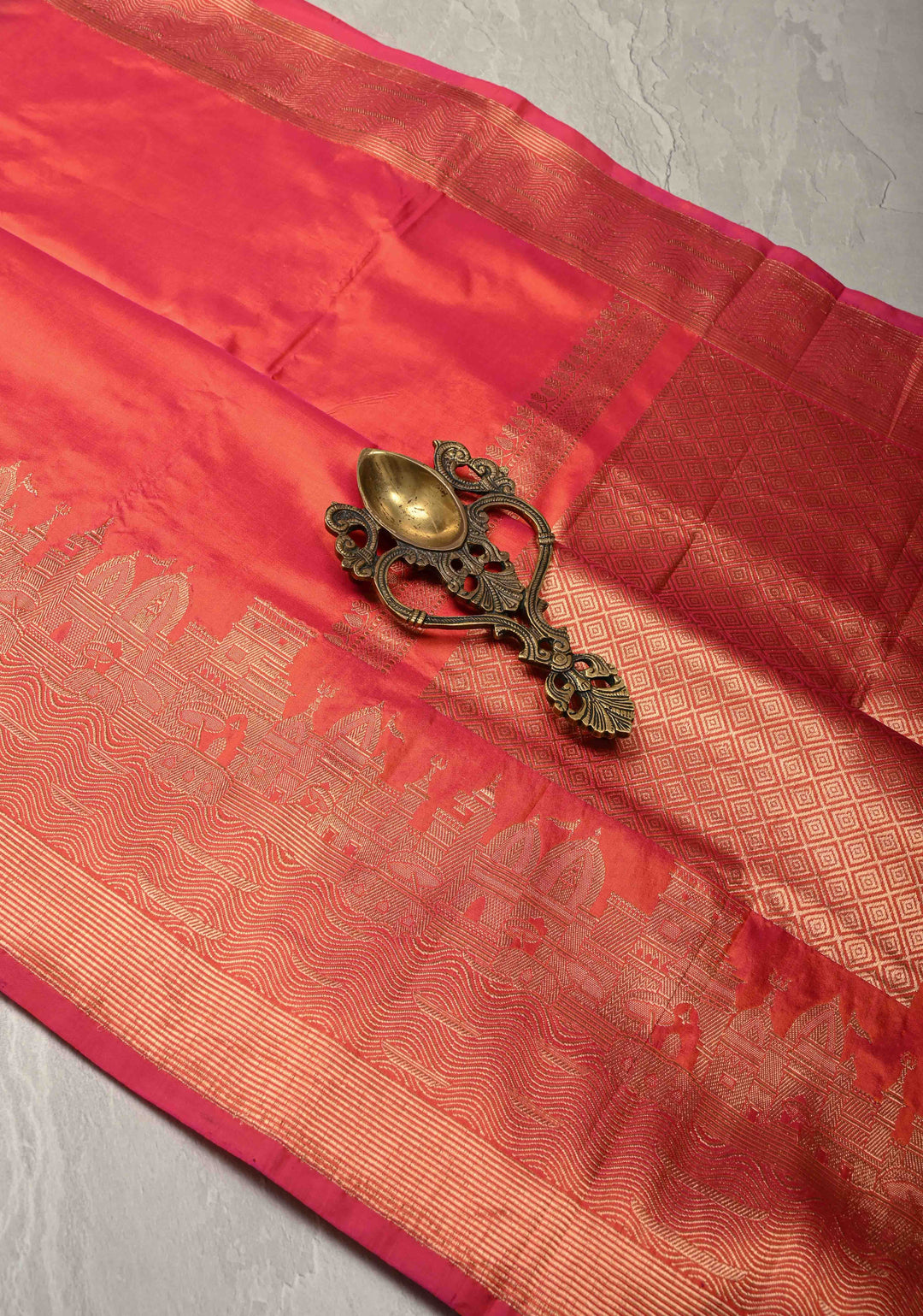 Orange Pink  Dual Tone Banarasi Katan Silk Saree with Ganga Ghat Temple Zari Border | SILK MARK CERTIFIED