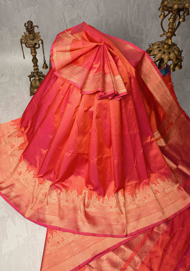 Orange Pink  Dual Tone Banarasi Katan Silk Saree with Ganga Ghat Temple Zari Border | SILK MARK CERTIFIED