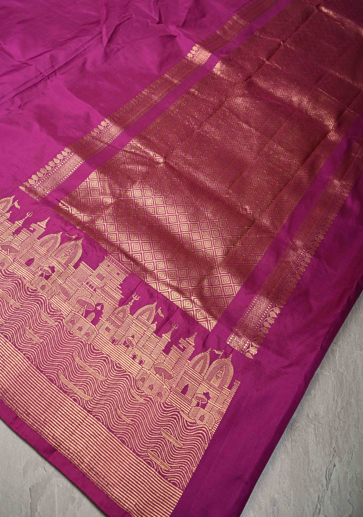 Magenta Banarasi Katan Silk Saree with Ganga Ghat Temple Zari Border | SILK MARK CERTIFIED