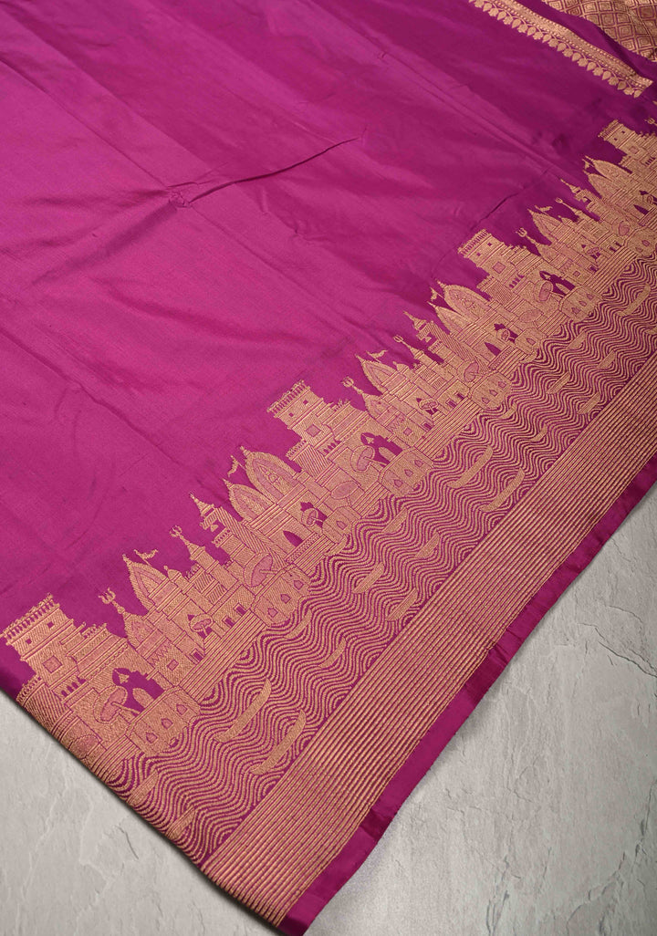 Magenta Banarasi Katan Silk Saree with Ganga Ghat Temple Zari Border | SILK MARK CERTIFIED