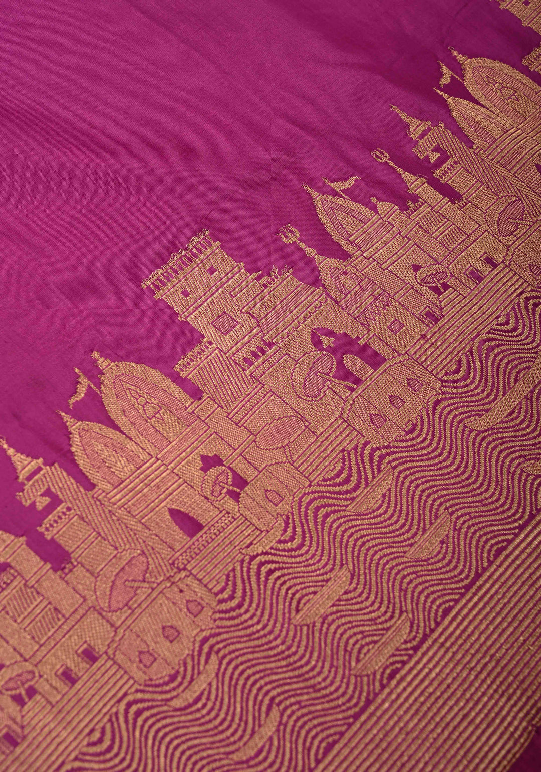 Magenta Banarasi Katan Silk Saree with Ganga Ghat Temple Zari Border | SILK MARK CERTIFIED
