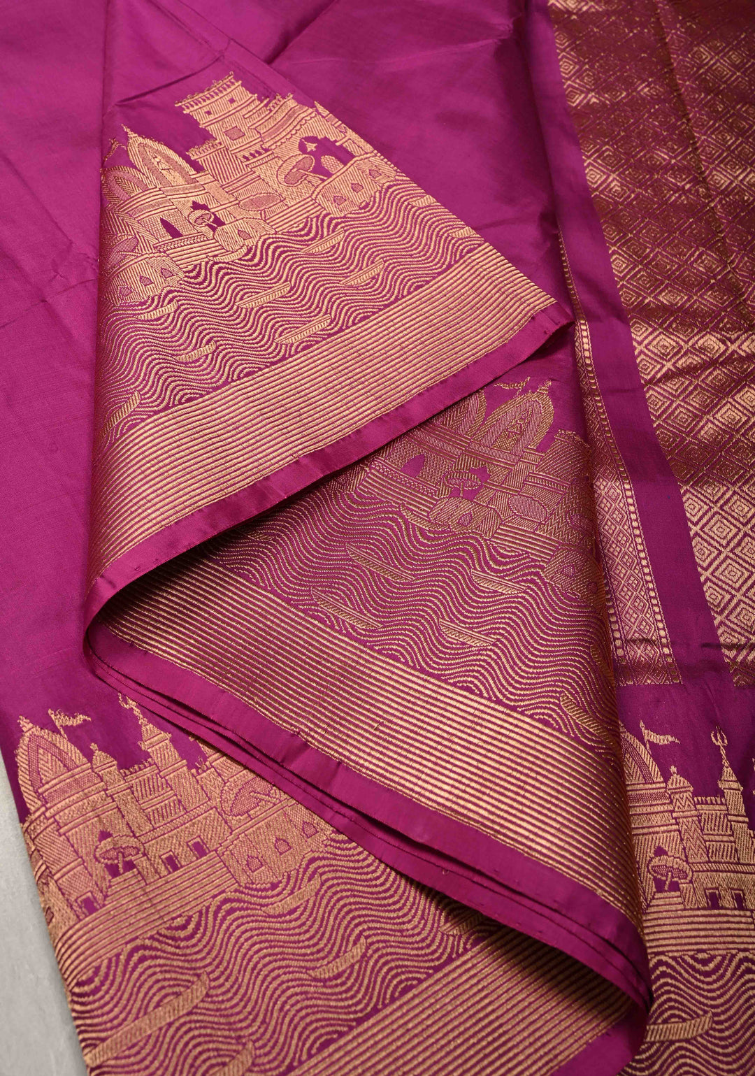 Magenta Banarasi Katan Silk Saree with Ganga Ghat Temple Zari Border | SILK MARK CERTIFIED