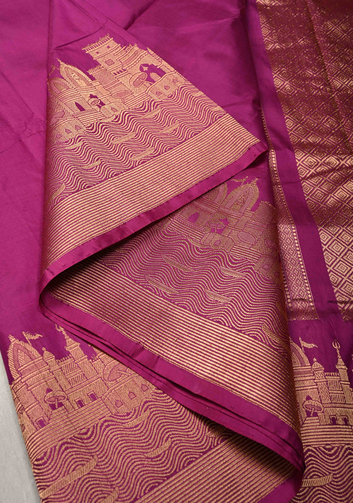 Magenta Banarasi Katan Silk Saree with Ganga Ghat Temple Zari Border | SILK MARK CERTIFIED