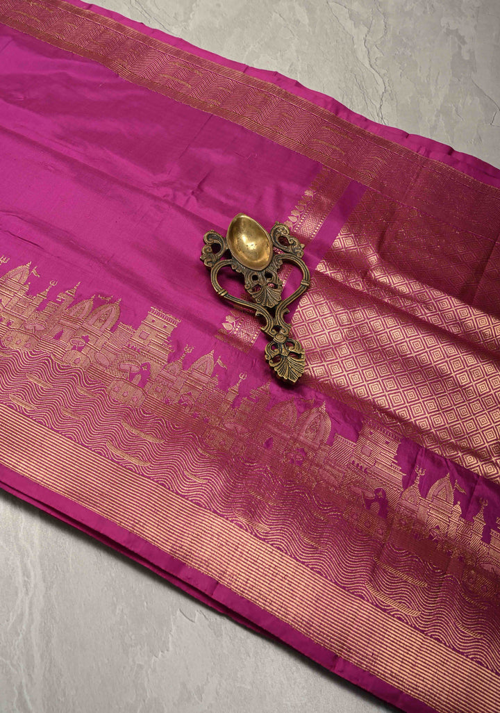 Magenta Banarasi Katan Silk Saree with Ganga Ghat Temple Zari Border | SILK MARK CERTIFIED