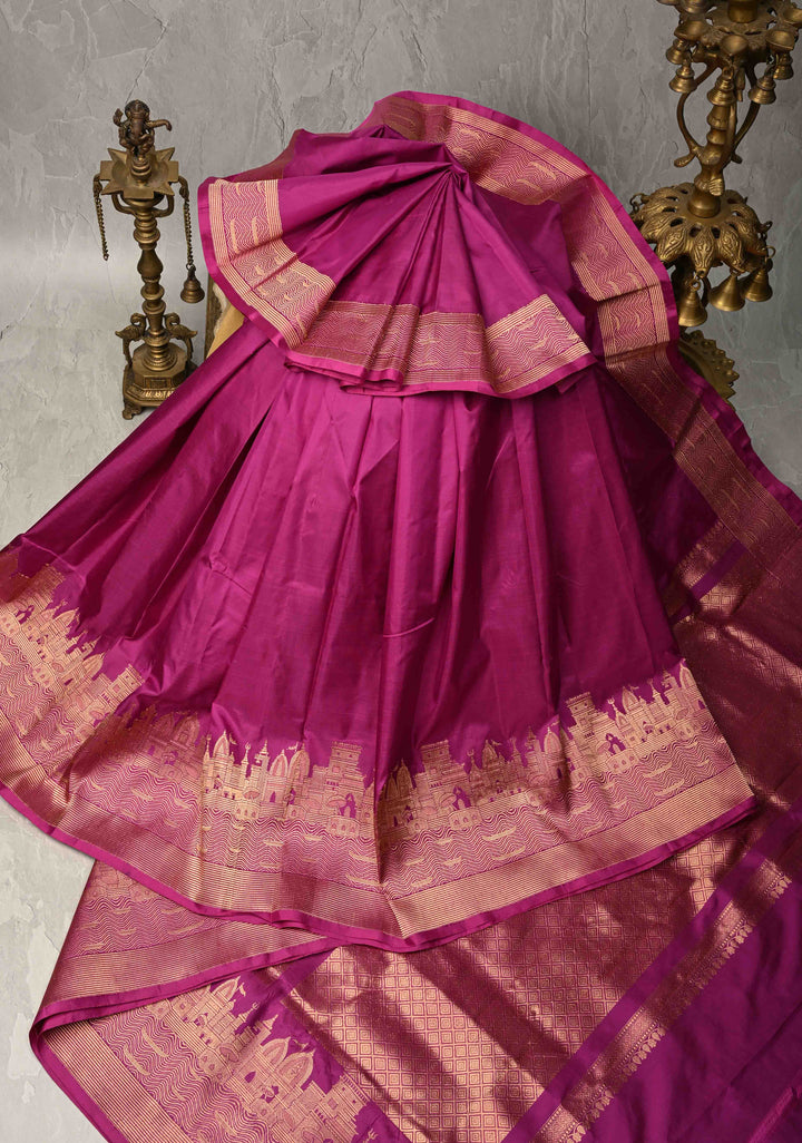 Magenta Banarasi Katan Silk Saree with Ganga Ghat Temple Zari Border | SILK MARK CERTIFIED
