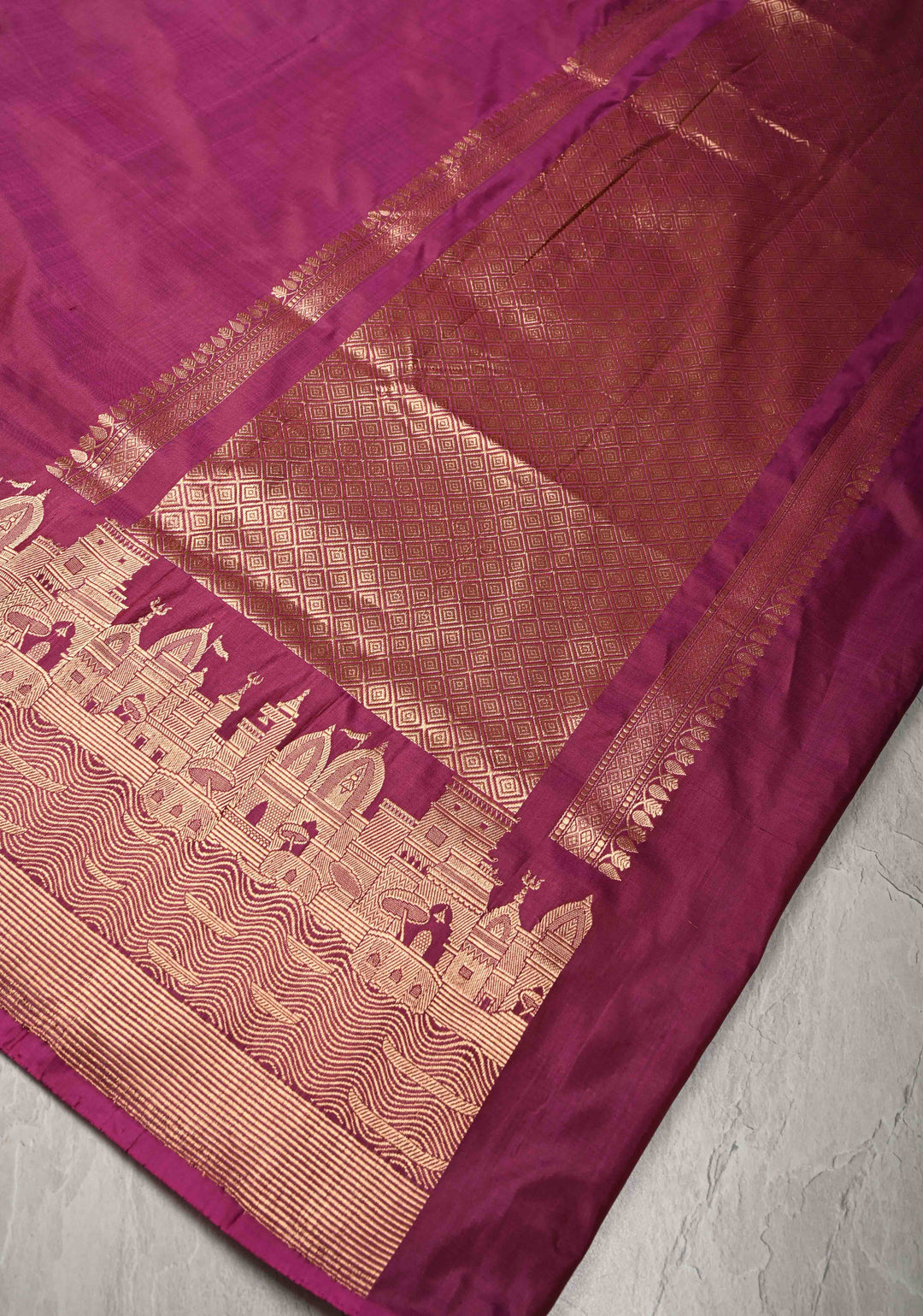 Deep Magenta Banarasi Katan Silk Saree with Ganga Ghat Temple Zari Border | SILK MARK CERTIFIED