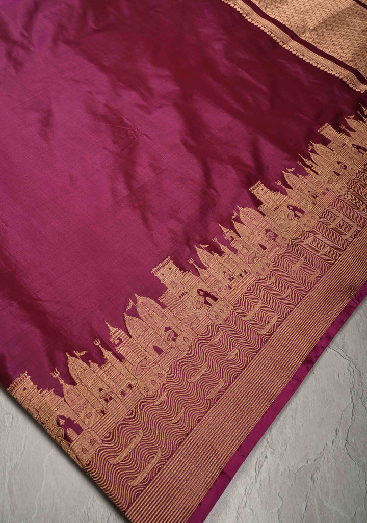 Deep Magenta Banarasi Katan Silk Saree with Ganga Ghat Temple Zari Border | SILK MARK CERTIFIED