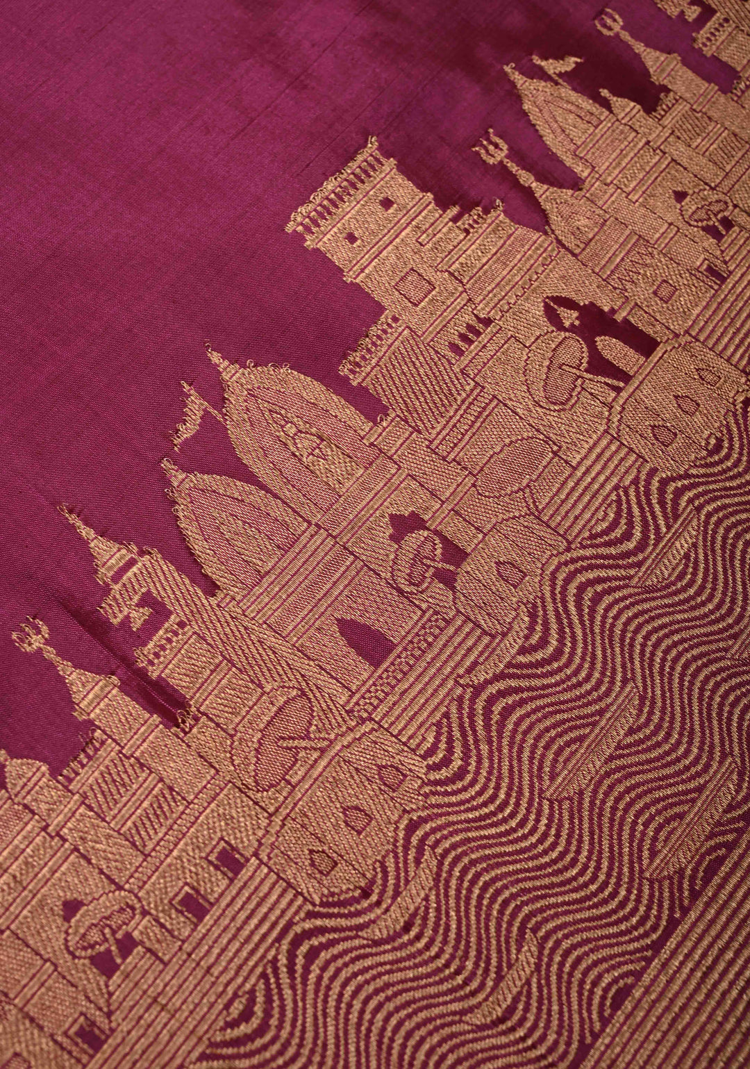 Deep Magenta Banarasi Katan Silk Saree with Ganga Ghat Temple Zari Border | SILK MARK CERTIFIED