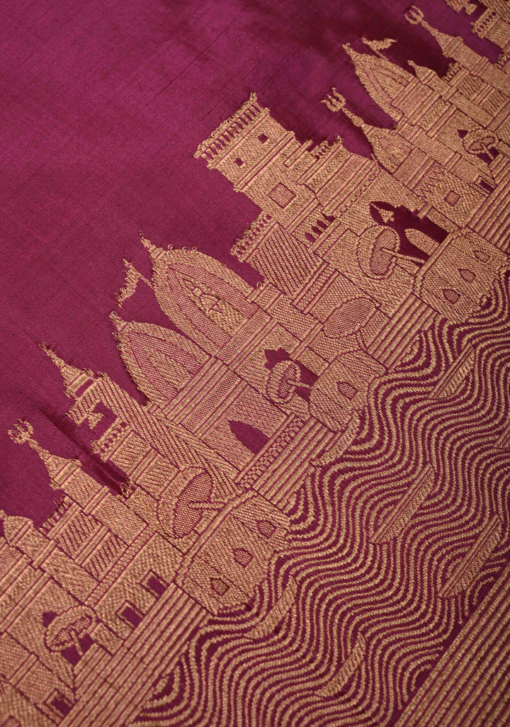 Deep Magenta Banarasi Katan Silk Saree with Ganga Ghat Temple Zari Border | SILK MARK CERTIFIED