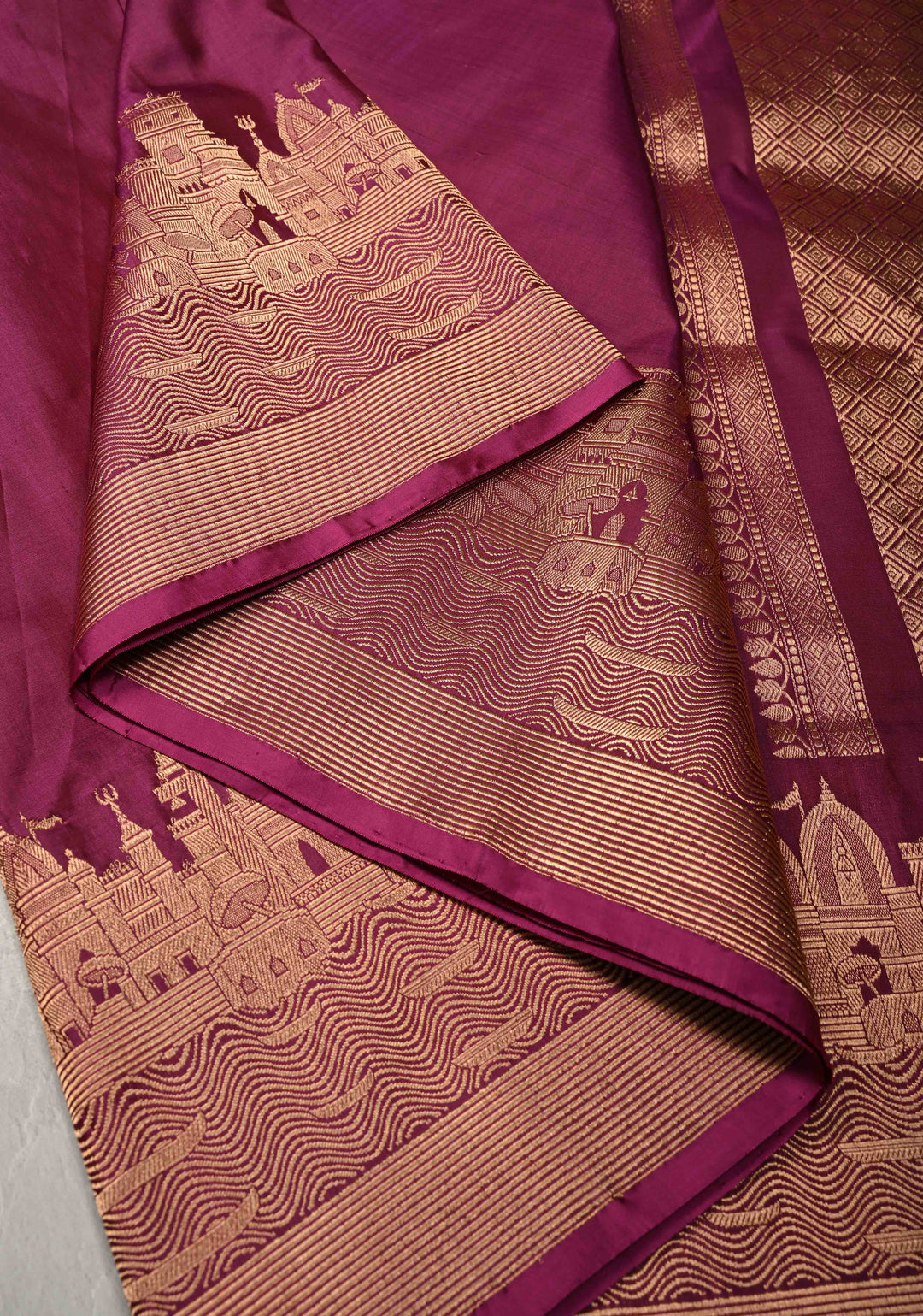 Deep Magenta Banarasi Katan Silk Saree with Ganga Ghat Temple Zari Border | SILK MARK CERTIFIED