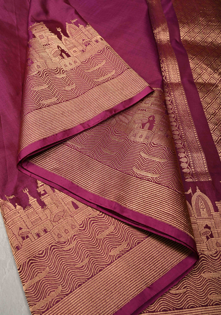 Deep Magenta Banarasi Katan Silk Saree with Ganga Ghat Temple Zari Border | SILK MARK CERTIFIED