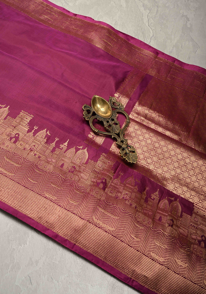 Deep Magenta Banarasi Katan Silk Saree with Ganga Ghat Temple Zari Border | SILK MARK CERTIFIED