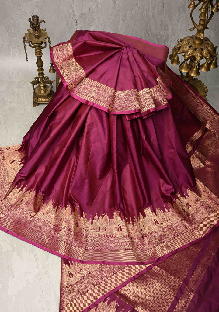 Deep Magenta Banarasi Katan Silk Saree with Ganga Ghat Temple Zari Border | SILK MARK CERTIFIED