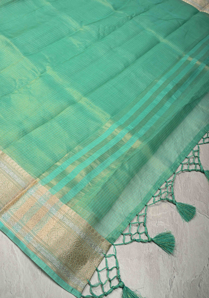 Sea Green Kota Doria Tissue Cotton Saree with Sona Rupa Zari Border