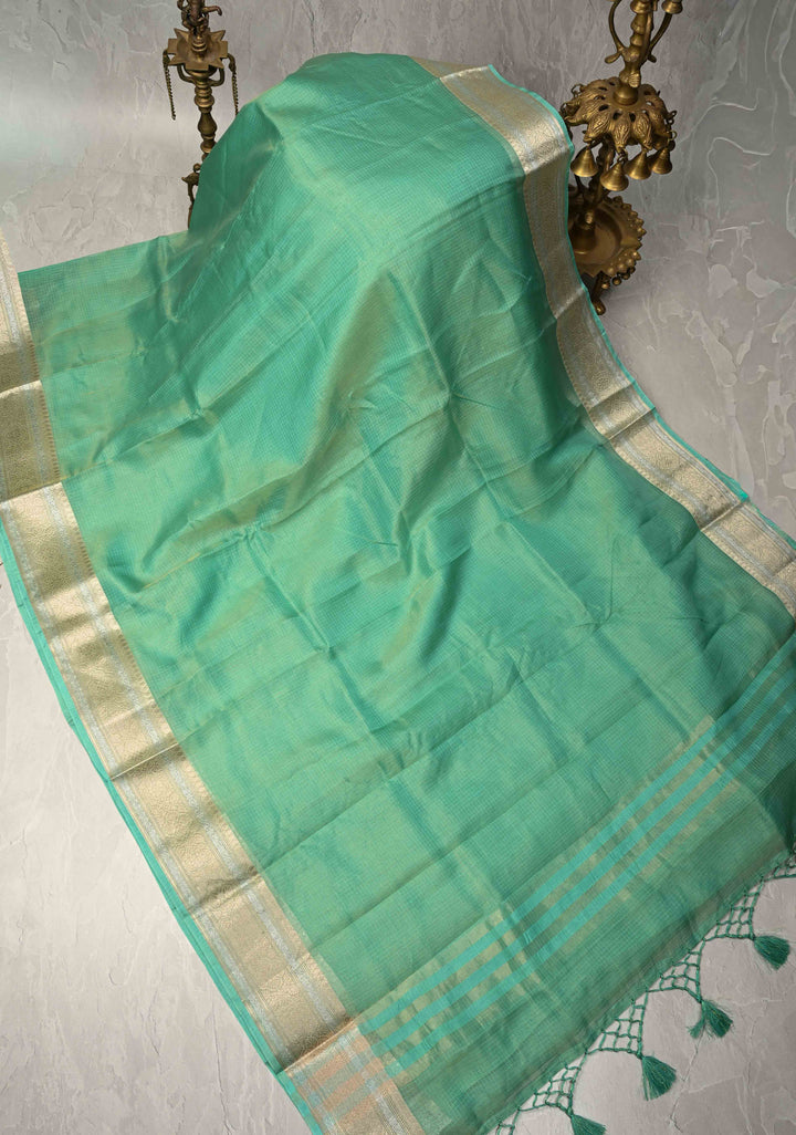 Sea Green Kota Doria Tissue Cotton Saree with Sona Rupa Zari Border