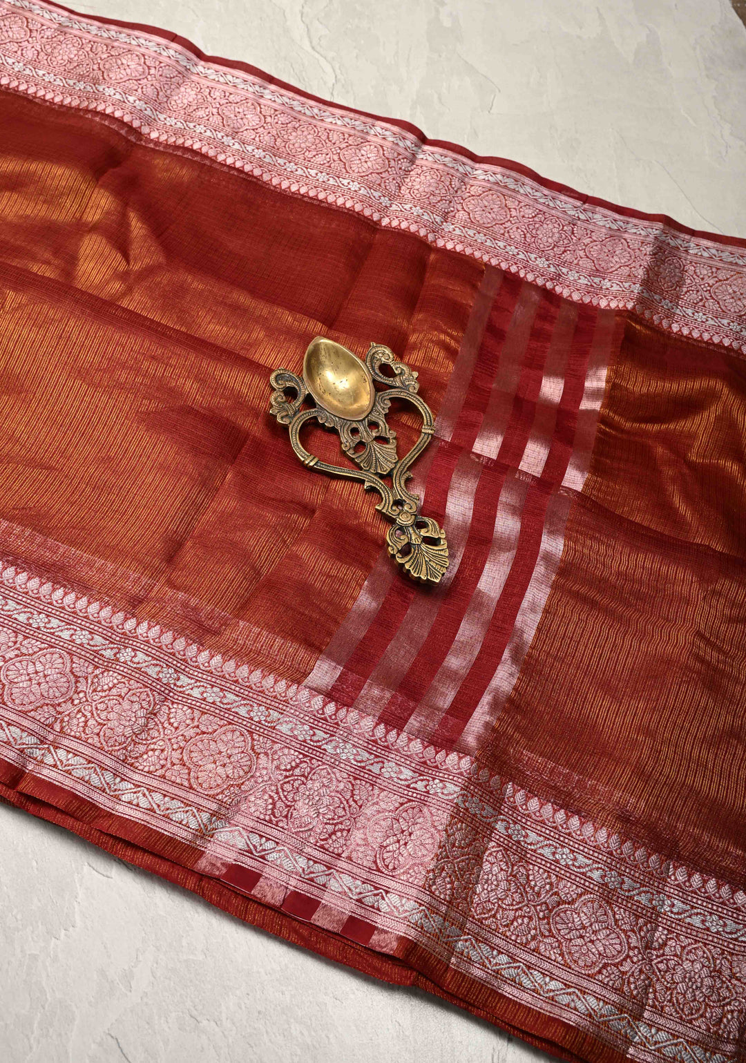 Maroon Kota Doria Tissue Cotton Saree with Sona Rupa Zari Border