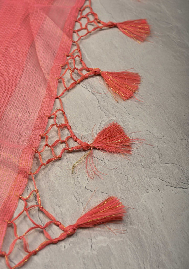 Salmon Pink Kota Doria Tissue Cotton Saree with Sona Rupa Zari Border