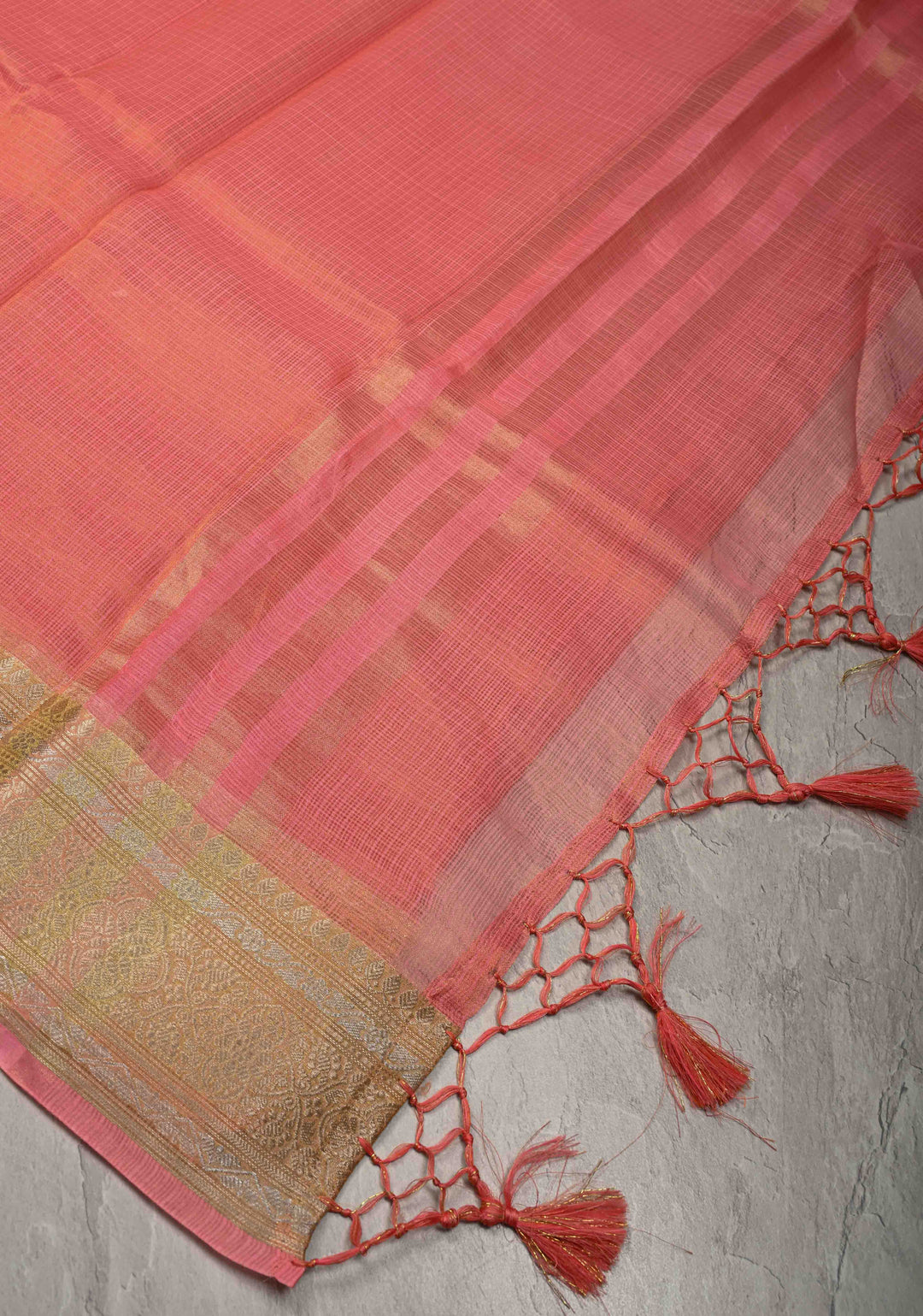 Salmon Pink Kota Doria Tissue Cotton Saree with Sona Rupa Zari Border