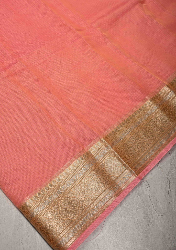 Salmon Pink Kota Doria Tissue Cotton Saree with Sona Rupa Zari Border