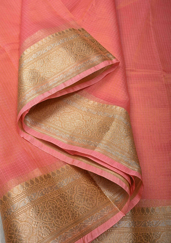 Salmon Pink Kota Doria Tissue Cotton Saree with Sona Rupa Zari Border