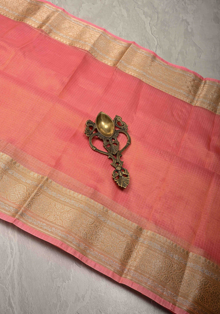 Salmon Pink Kota Doria Tissue Cotton Saree with Sona Rupa Zari Border