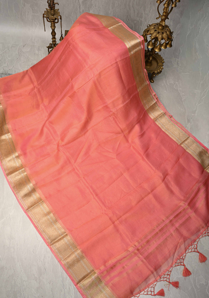 Salmon Pink Kota Doria Tissue Cotton Saree with Sona Rupa Zari Border