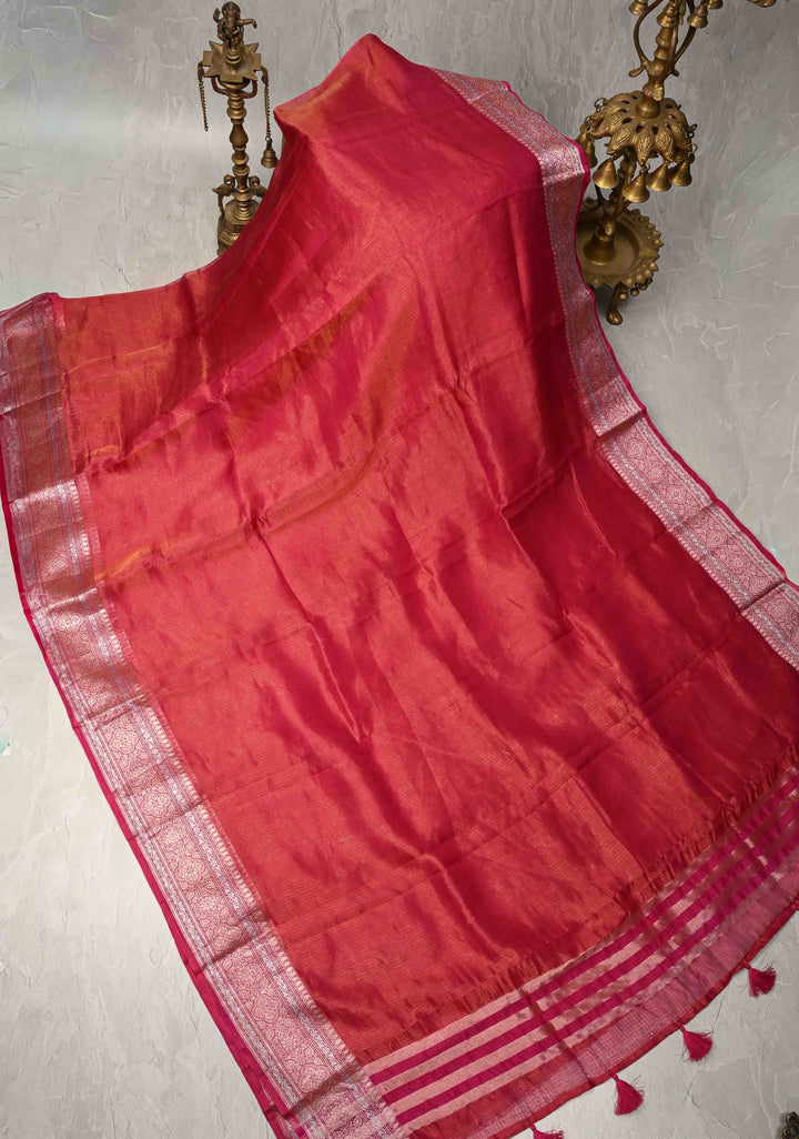Bright Pink Kota Doria Tissue Cotton Saree with Sona Rupa Zari Border