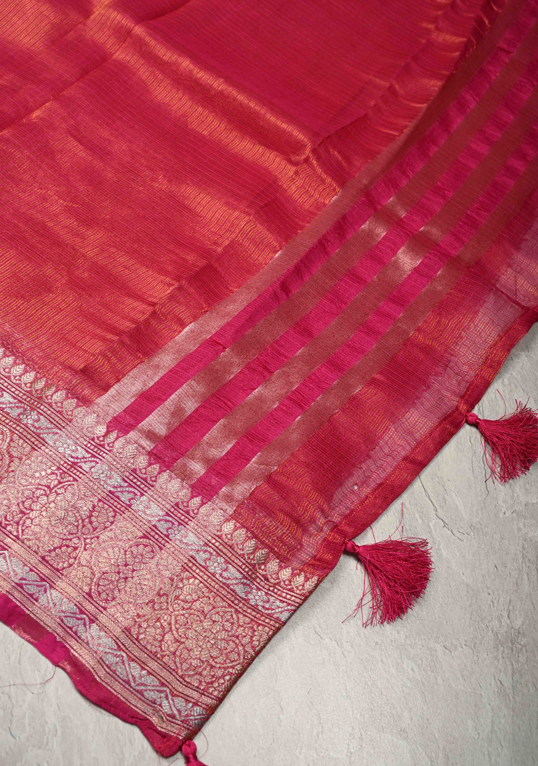 Bright Pink Kota Doria Tissue Cotton Saree with Sona Rupa Zari Border