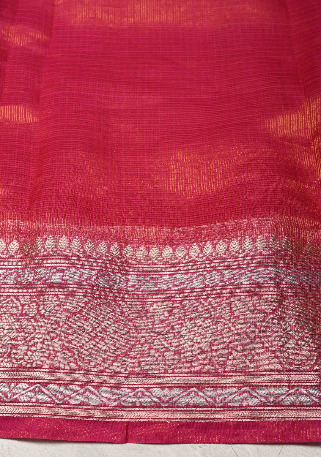 Bright Pink Kota Doria Tissue Cotton Saree with Sona Rupa Zari Border