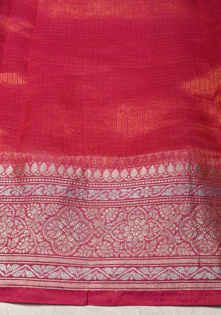 Bright Pink Kota Doria Tissue Cotton Saree with Sona Rupa Zari Border